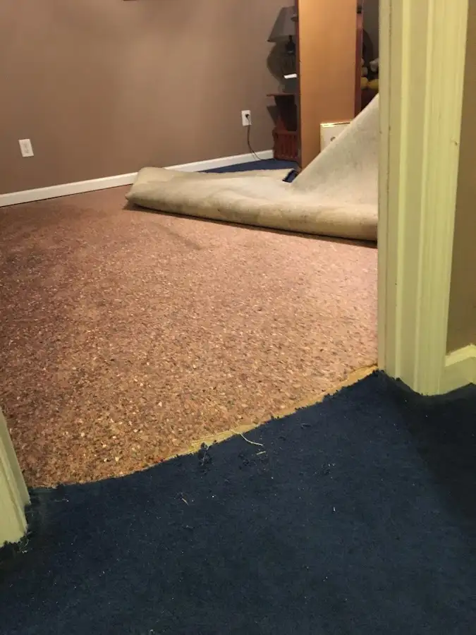 Carpet pad removal revealing water damage during Water Mitigation Services in Brea