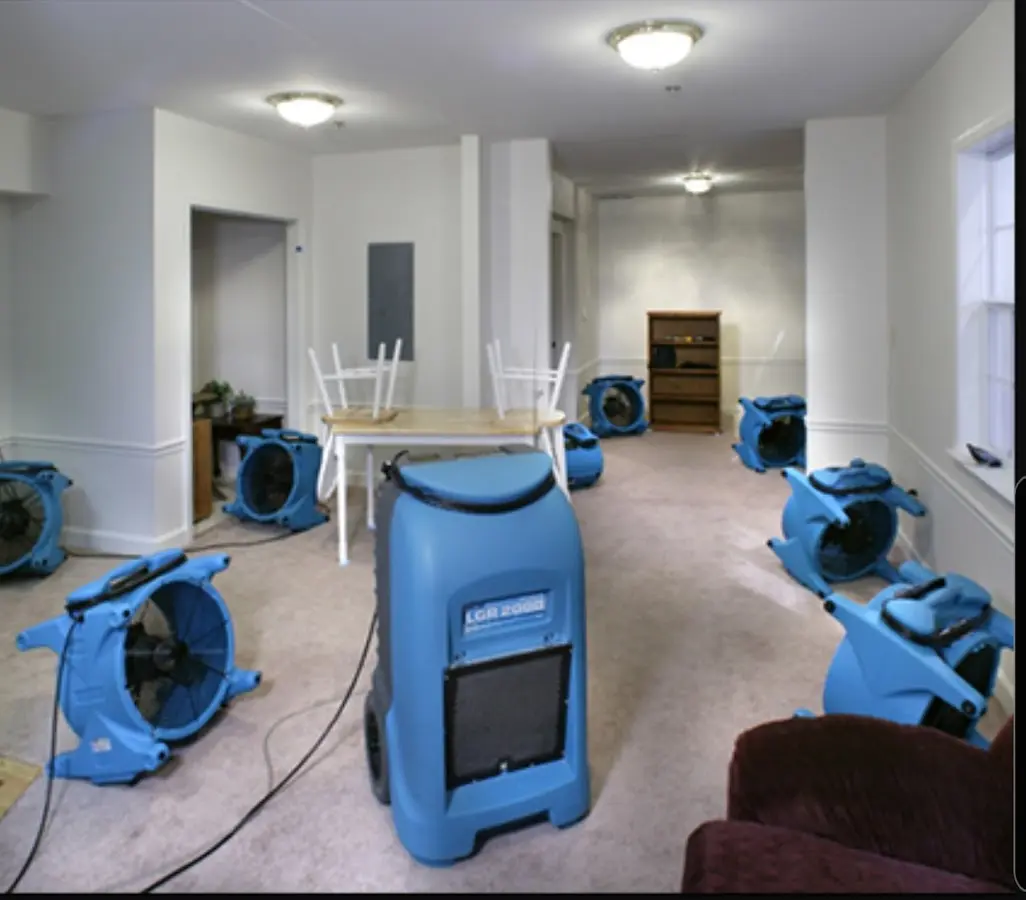 Air movers and dehumidifier setup for Water Damage Restoration in Brea